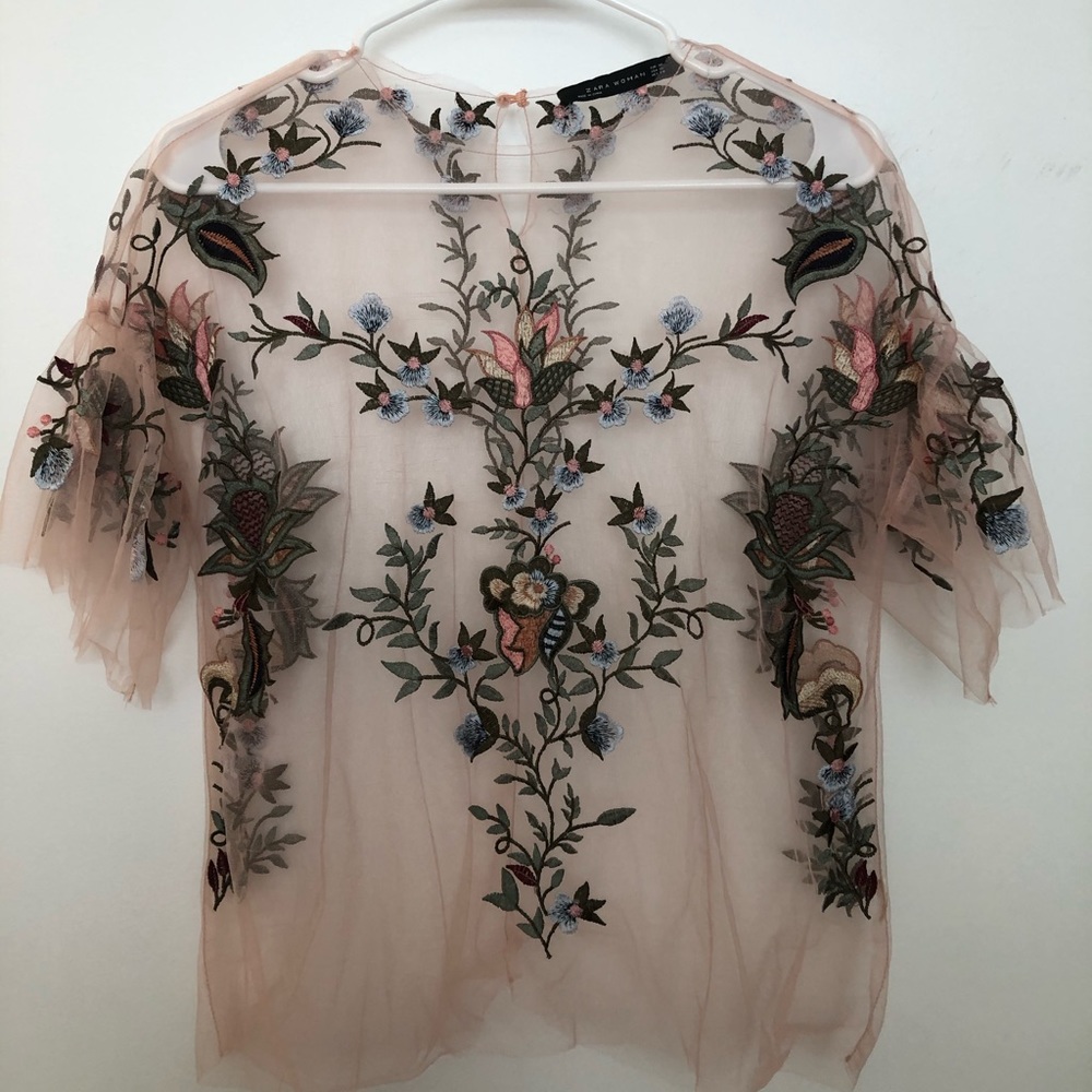 ZARA Sheer Top with Embroidered Flower detail XS